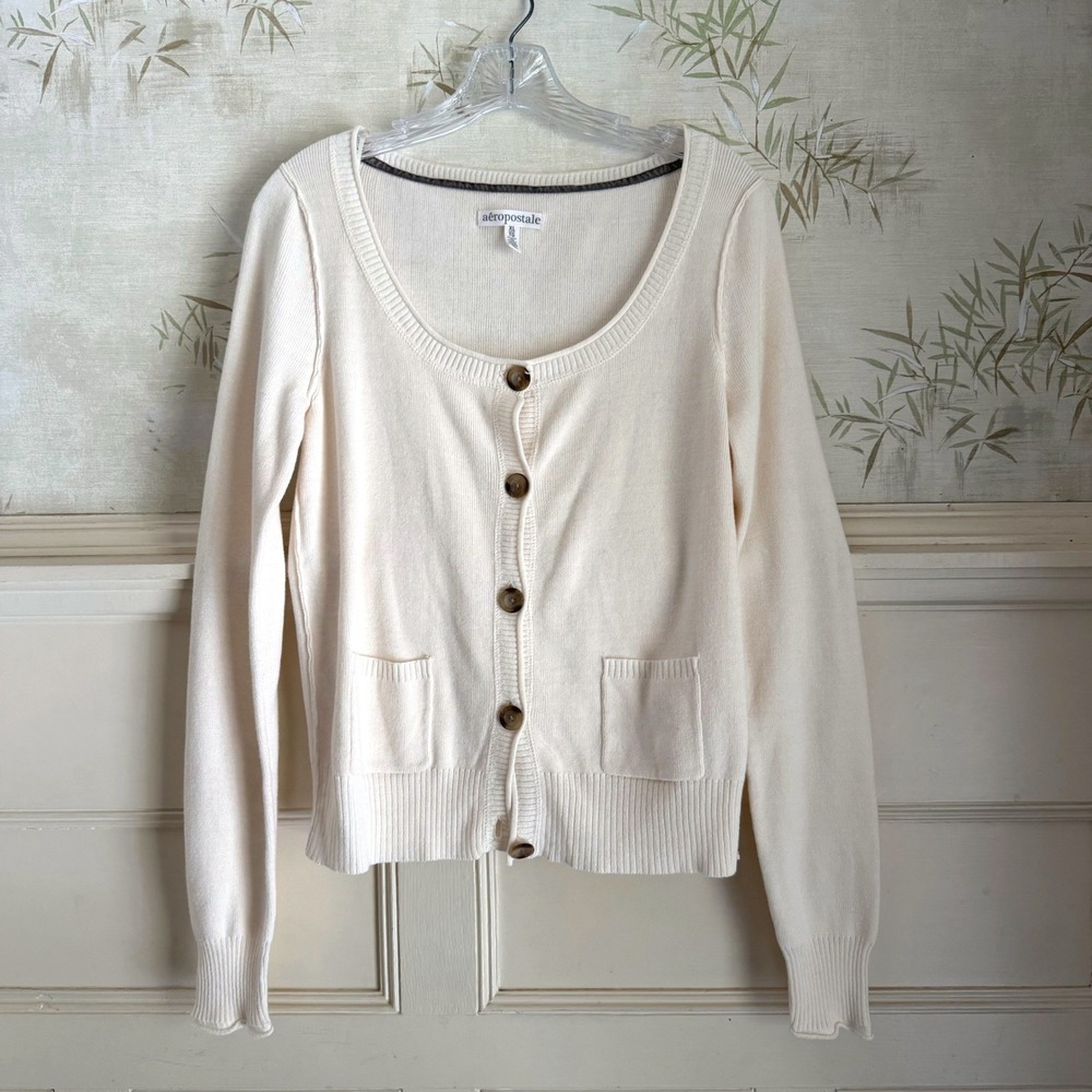 Aeropostale Cream Cardigan Sweater Scoop Neck Button Front Pockets Cozy XL